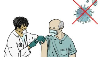 Eine Zeichnung: Eine Ärztin gibt einem älteren Mann eine Spritze in den Oberarm. Rechts oben ist eine vereinfachte Darstellung eines Corona-Virus, das rot durchgestrichen ist.