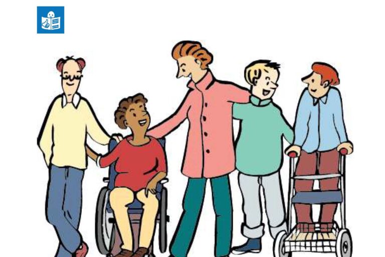 Das Cover zeigt auf weißem Hintergrund die bunte Zeichnung von fünf Menschen von unterschiedlichem Alter, Geschlecht und Herkunft, die teilweise stehen, im Rollstuhl sitzen oder auf einen Rollator gestützt sind und sich lächelnd gegenseitig die Arme um die Schultern legen. Über ihnen steht der Titel „Demokratie schützen – Gefährliche politische Ideen erkennen“ sowie das Symbol für Leichte Sprache; unten sind die Logos der beiden Herausgeber (Bundesvereinigung Lebenshilfe und Tadel verpflichtet) abgebildet.