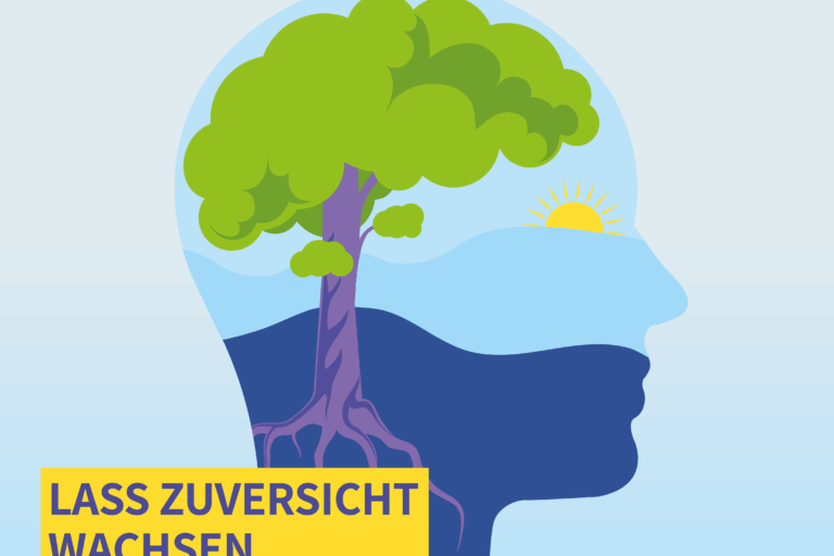 Das Plakat zeigt auf hellblauem Hintergrund die Zeichnung eines Kopfes, in dem ein Baum vom Hals zur Schädeldecke wächst und auf Höhe des Auges eine Sonne aufgeht. Passend dazu ist in Gelb das Motto „Lass Zuversicht wachsen - Psychisch stark in die Zukunft” hervorgehoben. Außerdem sind das Datum (10.-20. Oktober 2025) und die Webseite (www.seelischegesundheit.net) angegeben sowie die Logos der Woche der Seelischen Gesundheit und des Aktionsbündnisses Seelische Gesundheit abgebildet.