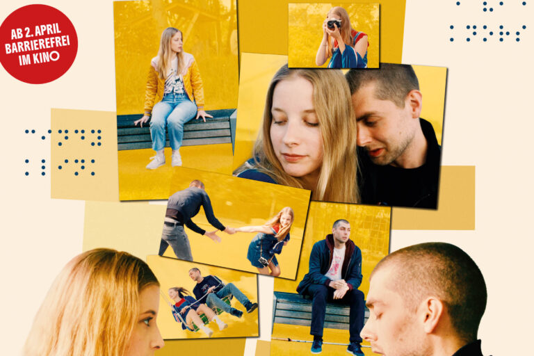 Das Poster zeigt eine junge Frau mit langen, blonden Haaren in einem gelb-weiß gestreiften T-Shirt, das einen jungen Mann gegenüber steht, ihn anschaut und seinen Zeigefinger mit ihrem berührt. Er hat die Augen geschlossen und den Mund zum Sprechen geöffnet, trägt kurz rasierte Haare und eine dunkelblaue Trainingsjacke mit vier weißen Streifen von der Schulter bis zu den Ärmeln. Im Hintergrund sind unter anderem Fotos der beiden in einem Kettenkarussel, aneinander geschmiegt und jeweils einzeln auf einer Bank zu sehen. Die weiteren Informationen sind sowohl in Buchstaben-, als auch in Brailleschrift aufgedruckt: Als wäre es leicht (Ein Film von Milan Skrobanek), Cindy Klink und David Knors, ab 2. April barrierefrei im Kino