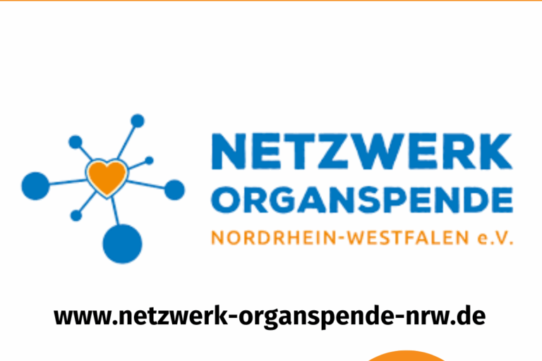 Die Kachel zeigt oben einen orangen Balken, auf dem in weißer Schrift „Unsere Mitgliederverbände“ hervorgehoben ist. Darunter ist das Logo des Vereins „Netzwerk Organspende Nordrhein-Westfalen e. V.“ in Blau und Orange abgebildet und die Webseite vermerkt (www.netzwerk-organspende-nrw.de). Am unteren Bildrand steht links das Logo der LAG Selbsthilfe NRW in Blau- und Orange-Tönen sowie der Claim „Gemeinsam stärker“ in weißer Schrift auf einer orangefarbenen Sprechblase.