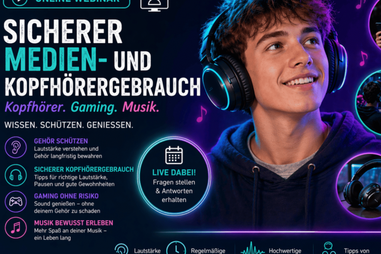 Auf dem Plakat ist ein begeistert lauschender Jugendlicher mit kurzem, lockigem Haar, Kapuzenpullover und dicken Kopfhörern zu sehen Auf dem dunkelblauen Hintergrund sind folgende Informationen in Weiß und verschiedenen Neonfarben zu lesen: ONLINE WEBINAR „Sicherer Medien- und Kopfhörergebrauch“ Kopfhörer. Gaming. Musik. - Wissen. Schützen. Genießen. - GEHÖR SCHÜTZEN (Lautstärke verstehen und Gehör langfristig bewahren) SICHERER KOPFHÖRERGEBRAUCH (Tipps für richtige Lautstärke, Pausen und gute Gewohnheiten) GAMING OHNE RISIKO (Sound genießen, ohne deinem Gehör zu schaden) MUSIK BEWUSST ERLEBEN (Mehr Spaß an deiner Musik, ein Leben lang) LIVE DABEI: Fragen stellen & Antworten erhalten - Lautstärke verstehen, regelmäßige Pausen, hochwertige Klangqualität, Tipps von Expert:innen