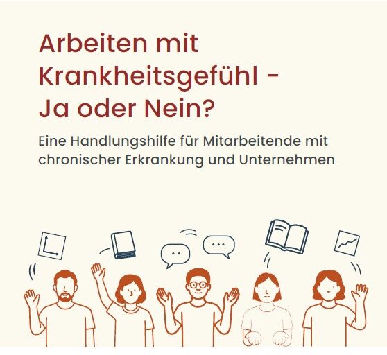 Das Cover der Broschüre zeigt die Karikatur von 5 Männern und Frauen, über deren Köpfen Bücher und Kalkulationstafeln als Symbolbilder zum Thema Arbeit schweben. Neben dem Titel „Arbeiten mit Krankheitsgefühl - Ja oder Nein? Eine Handlungshilfe für Mitarbeitende mit chronischer Erkrankung und Unternehmen“ sind außerdem die Logos des Projekts AmiChro (Arbeiten mit chronischer Erkrankung), der Universität zu Köln und der BAG SELBSTHILFE sowie der Hinweis „Gefördert durch BKK Dachverband“ abgedruckt.