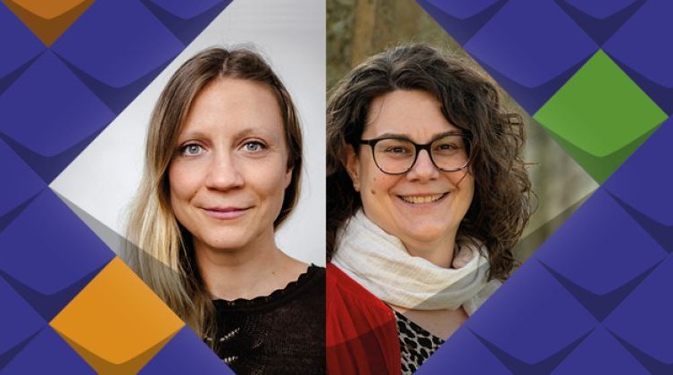 Im Mittelpunkt der Grafik mit gelben, grünen und lilafarbenen Kachel im Corporate Design der KSL.NRW sind die Porträt-Fotos von zwei jungen Frauen nebeneinander gestellt, die fröhlich in die Kamera lächeln: Links mit langen, blonden, glatten Haaren und einem schwarzen Spitzenshirt sowie rechts mit langen, brünett gewellten Haaren, dunkler Hornbrille, weißem Halstuch und roter Strickjacke über einem Shirt mit Leopardenmuster.