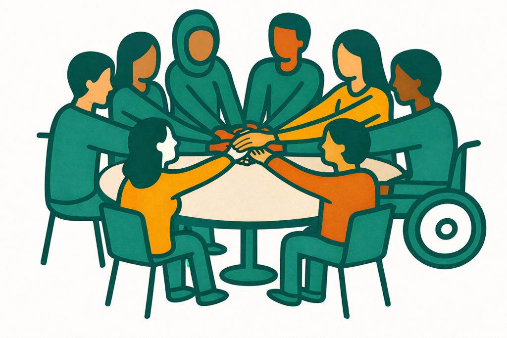 Die Zeichnung zeigt 8 Personen (jung und alt, mit und ohne Behinderung, unterschiedlicher Herkunft), die um einen runden Tisch herum sitzen und in der Mitte alle die Hände übereinander legen.