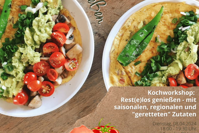 Das Plakat zeigt zwei weiße, mit buntem Gemüse gefüllte Bowls auf einem Holztisch sowie die weiteren Infos zur Veranstaltung: Kochworkshop „Rest(e)los genießen – mit saisonalen, regionalen und geretteten Zutaten“, Dienstag, 08.04.2024, 18 bis 19:30 Uhr, Haus der Bildung Kamen-Heeren, Eintritt frei, begleitet durch Gebärdendolmetschende. Weiter unten stehen außerdem die Kurs-Nr. 251-8104 (Anmeldung erforderlich) sowie der Hinweis „Eine Kooperationsveranstaltung der VHS Kamen-Bönen und der Verbraucherzentrale Kamen“.