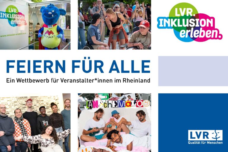 Die Collage zeigt neben dem weißen LVR-Logo „Qualität für Menschen“ auf blauem Hintergrund (unten rechts) und dem an bunte Seifenblasen erinnernden Claim „Inklusion erleben“ (oben rechts) vier Fotos vergangener Wettbewerbsbeiträge: Das überlebensgroße LVR-Maskottchen „Mitmän“ aus blauem Fell, mit fehlendem Auge, nur einem Zahn und rotem Superheldenumhang vor einem Infostand (oben links), zwei Rollstuhlfahrer inmitten eines freudestrahlenden Publikums (oben Mitte), eine farbenfrohe Künstler- oder Musikgruppe von 7 Menschen, die sich hinsichtlich Alter, Herkunft, Geschlecht und Behinderung unterscheiden (unten links) sowie die Band Planschmalö, deren vier Mitglieder unter einem entsprechenden Schriftzug auf einem Bett rumblödeln (unten Mitte).