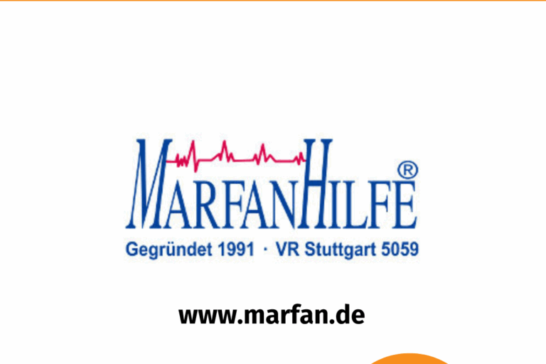 Die Kachel zeigt oben einen orangen Balken, auf dem in weißer Schrift „Unsere Mitgliederverbände“ hervorgehoben ist. Darunter ist das Logo des Vereins „MARFAN HILFE - Gegründet 1991 - VR Stuttgart 5059“ in Blau mit roter EKG-Kurve eines unregelmäßigen Herzschlags abgebildet und die Webseite vermerkt (www.marfan.de). Am unteren Bildrand steht links das Logo der LAG Selbsthilfe NRW in Blau- und Orange-Tönen sowie der Claim „Gemeinsam stärker“ in weißer Schrift auf einer orangefarbenen Sprechblase.