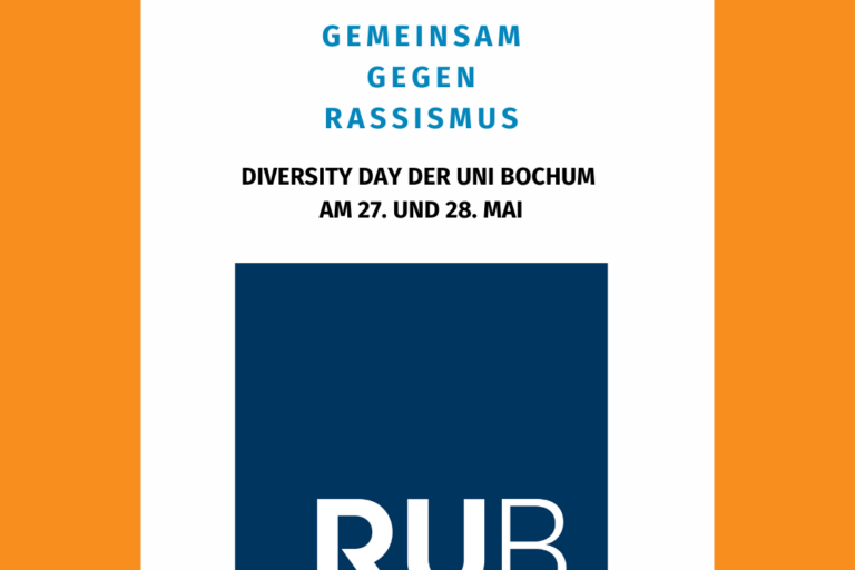 In einen orangen Rahmen eingefasst sind auf weißem Hintergrund das Logo der LAG Selbsthilfe NRW in blauer Schrift mit orangefarbenem Gleichheitszeichen, der Text „GEMEINSAM GEGEN RASSISMUS – Diversity Day der Uni Bochum am 27. und 28. Mai“ sowie die weißen Großbuchstaben RUB auf einem dunkelblauen Quadrat.