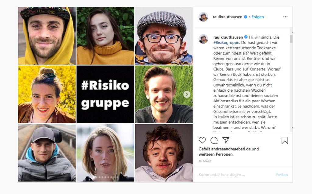 Ein Instagrampost von Raul Krauthausen. Auf einer Collage sind mehrere Gesichter von Menschen abgebildet. In der Mitte steht auf einer schwarzen Kachel mit weißer Schrift ein Hashtag plus "Risikogruppe". Rechts ist ein Teil des Bildtextes von Raul Krauthausen zu sehen.