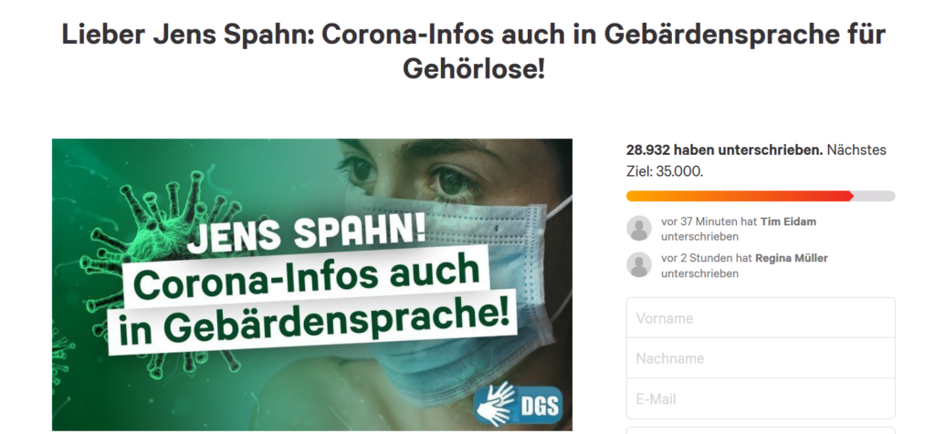 Ein Bildausschnitt von der Website Change.org mit dem Titel: Lieber Jens Spahn,Corona-Infos auch in Gebärdensprache. Darunter ein Bild mit dem Gesicht einer Frau, die eine medizinische Atemschutzmaske trägt. Rechts die Information, dass bereits 28.393 Menschen unterzeichnet haben.