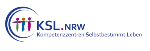 Logo des Kompetenzzentrum Selbstbestimmt Leben NRW: Drei bunte Figuren, die sich mit seitlich ausgestreckten Armenn berühren. Ums sie sind zwei offene Kreise die zur Schrift führen: KSL.NRW - Kompetenzzentrum Selbstbestimmt Leben