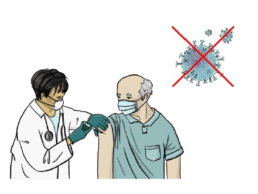 Eine Zeichnung: Eine Ärztin gibt einem älteren Mann eine Spritze in den Oberarm. Rechts oben ist eine vereinfachte Darstellung eines Corona-Virus, das rot durchgestrichen ist.