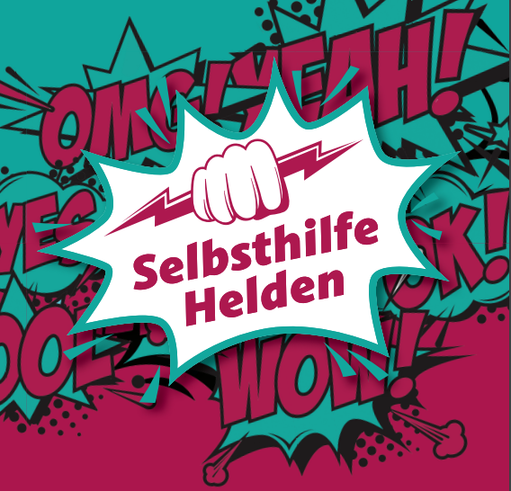 Logo der Selbsthilfehelden vor Comic-Sprechblasen