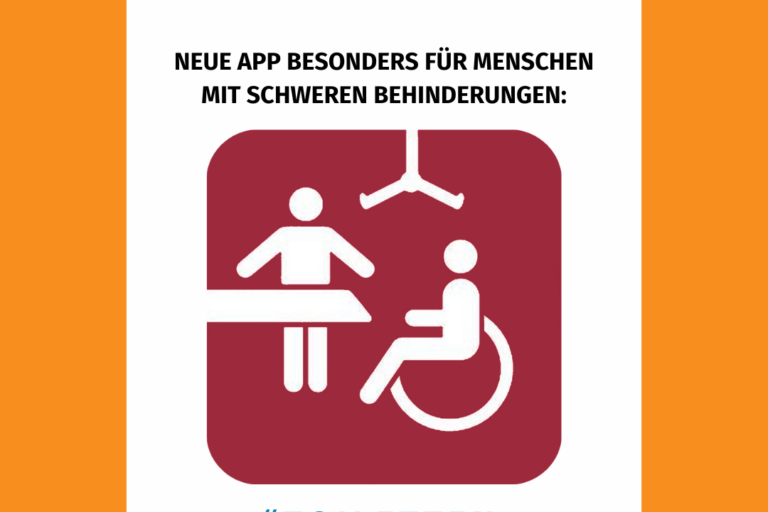 In einem orangefarbenen Rahmen steht unter dem Logo der LAG Selbsthilfe NRW auf weißem Hintergrund in Schwarz die Überschrift „Neue App besonders für Menschen mit schweren Behinderungen“. Im Mittelpunkt abgebildet sind das rot gestaltete Logo - mit den weißen Symbolen eines Rollstuhlfahrers, einer Liege und einer Begleitperson mit hilfsbereit ausgestreckten Armen - sowie der Name „Toiletten für alle“ in großen, blauen Buchstaben.