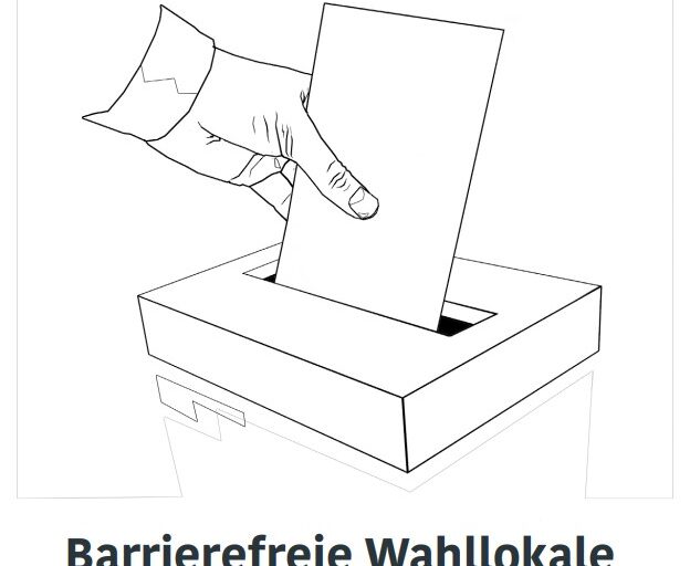 Das Cover einer Broschüre zeigt auf weißem Hintergrund den schwarz gesetzten Titel „Barrierefreie Wahllokale – Eine Handreichung der Bundesfachstelle Barrierefreiheit (Stand: November 2024)“, das Logo der „Knappschaft Bahn See“ in roter Schrift sowie die Zeichnung einer Hand, die einen Zettel in den Schlitz einer Urne schiebt.